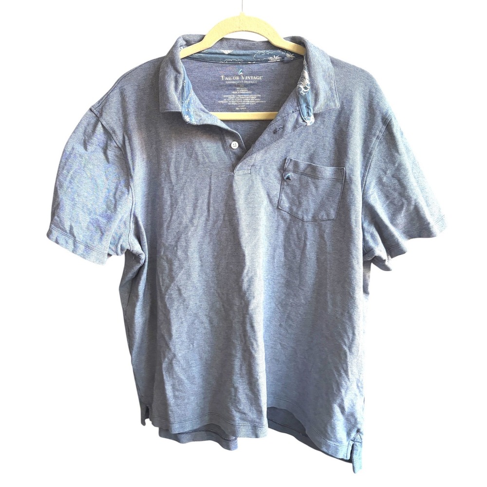 Tailor Vintage Polo Shirt Blue Casual Tropical Trim Pocket Short Sleeve XL
